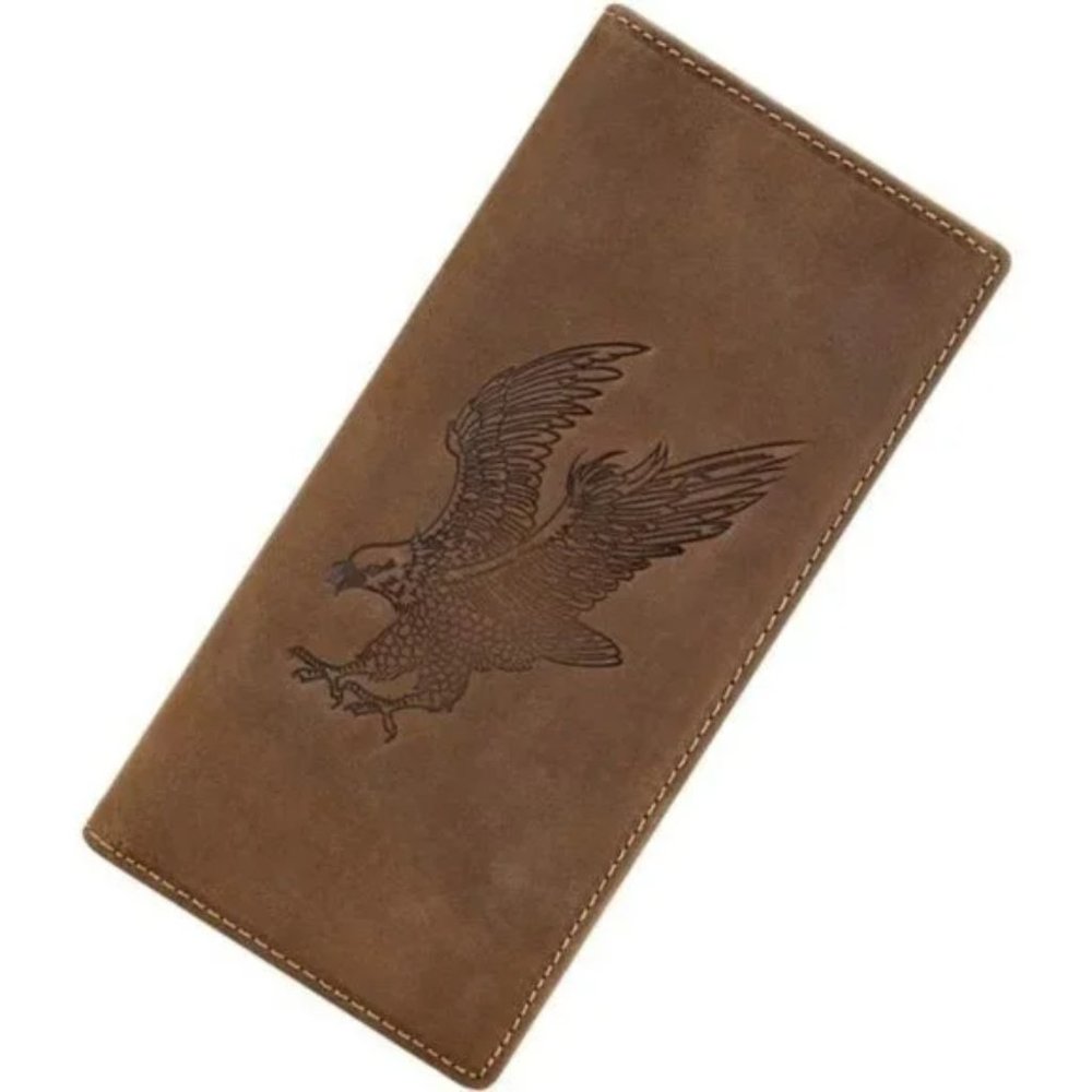 MEN'S RFID Vintage Look Genuine Leather Long Bifold Wallet Eagle Brown